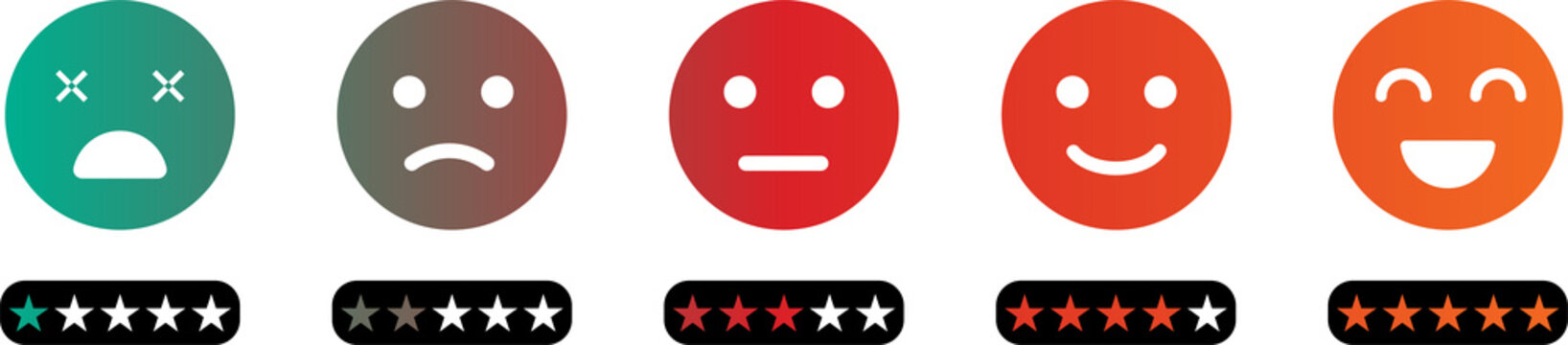 Five diverse emoji faces showing emotions from anger to joy. -style mood icons for digital communication and design projects. PNG isolated on transparent background