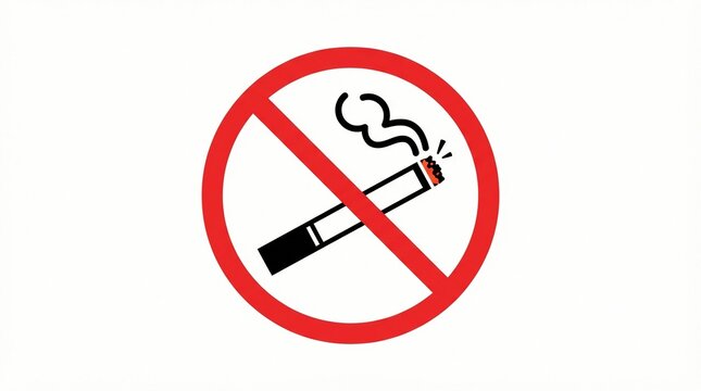 No smoking sign featuring a burning cigarette with grey smoke inside a bold red circle isolated on a clean white background for public safety warning notices