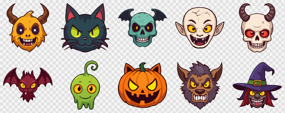 Halloween monster avatar collection, 10 spooky cartoon character icons, creepy creature head vector set for gaming and party decor