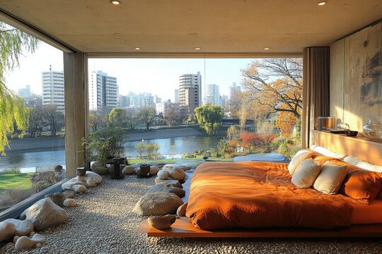 Luxury zen bedroom has city, river view, and natural stones. Ideal for lifestyle, architecture, interior design, and travel ideas.