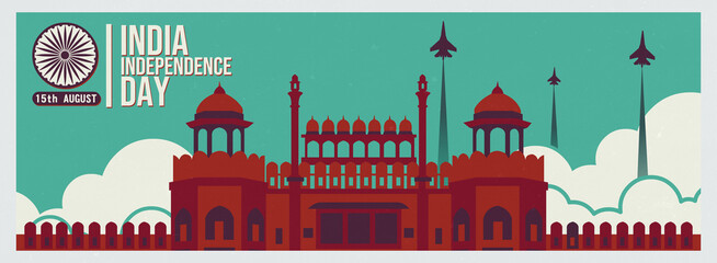 Fototapeta premium India Independence Day digital banner in a vintage flat style. Features Red Fort illustration, clouds, fighter jets, and Ashoka Chakra on a teal backdrop. Perfect for horizontal web headers.