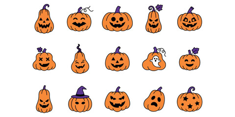 Obraz premium Collection of various halloween pumpkin faces and icons
