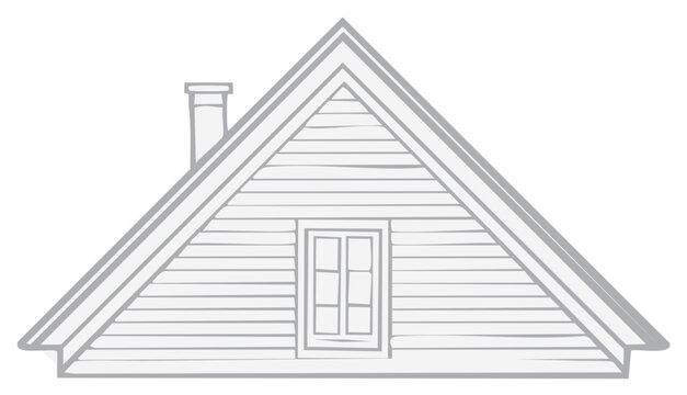 Gable Roof Peak Facade with Dormer Window and Chimney in Gray Outline Drawing