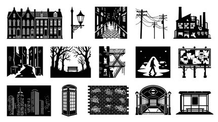 Fototapeta premium Urban City Elements Vector Silhouettes Icon Set - Monochrome Architecture Street Life Scenes