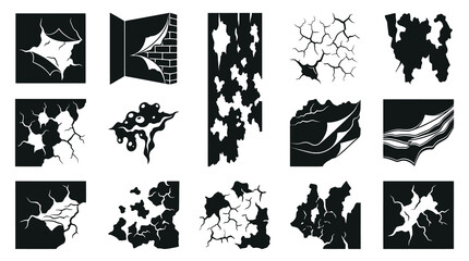 Fototapeta premium Black and White Vector Damage Icons Set: Cracks, Peeling, Broken Surfaces, and Grunge Abstract Effects