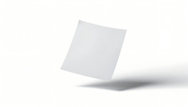 Pristine blank white sheet of paper gracefully suspended, casting a soft shadow, offering a clean, versatile canvas for showcasing designs, documents, or any creative concept