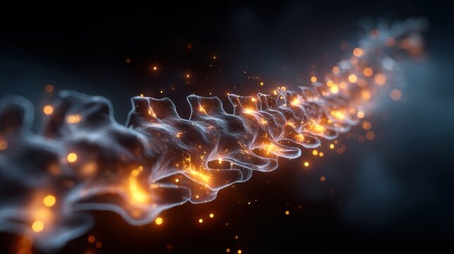 Side view of a semi-transparent human spine with intense orange heat patterns and glowing micro-sparks radiating from lower lumbar discs, chronic lower back pain and sciatica, medical CGI, low-key lig