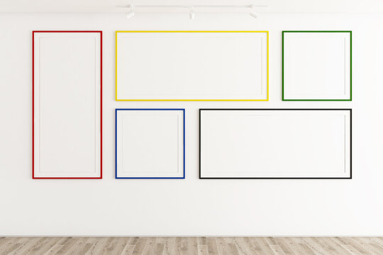 Modern Five Mockup with Colorful Frames on White Wall Gallery. 32