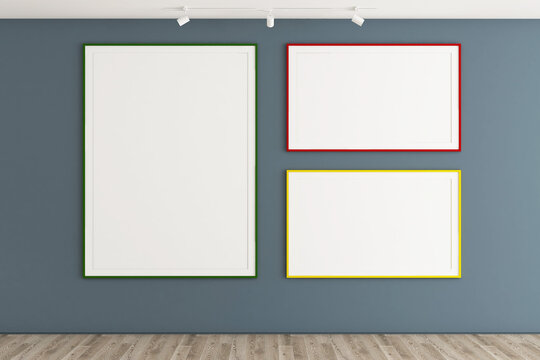 Modern Three Mockup with Colorful Frames on Blue Wall Gallery. 36