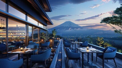 Obraz premium Rooftop restaurant overlooking mountain