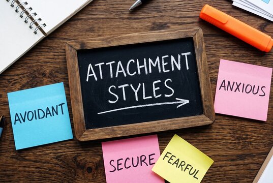 A chalkboard with the text Attachment Styles surrounded by colorful sticky notes labeled avoidant, anxious, secure, and fearful on a wooden desk.