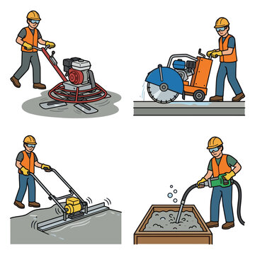 Construction workers operating concrete power trowel and saw machinery.