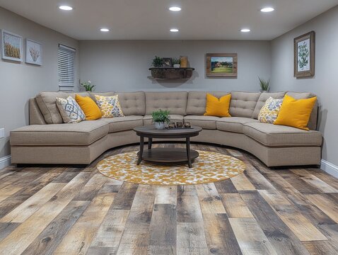Living room interior with a comfortable sofa and wood-look flooring. Great shot for real estate or interior design marketing.