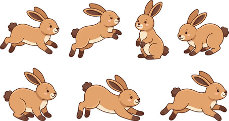 Naklejka premium Cute Brown Rabbit Character Collection with Leaping Sitting Crouching and Stretching Poses