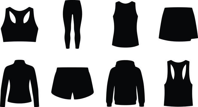 Vector set of black silhouettes representing basic sports and activewear clothing elements isolated on white background