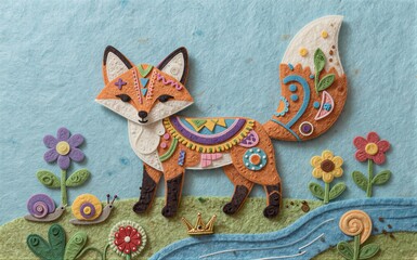 Fototapeta premium Colorful felt fox stands in floral meadow with snails and a crown.