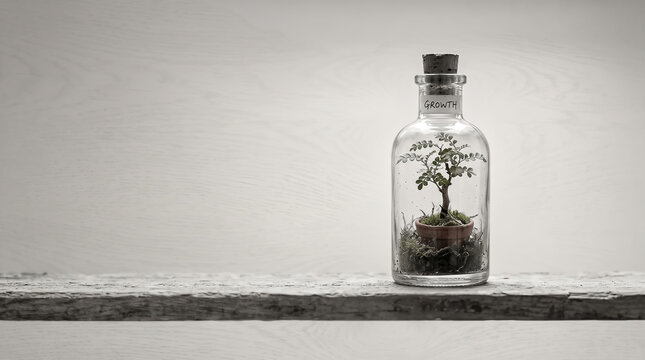 Small tree terrarium in bottle labeled growth