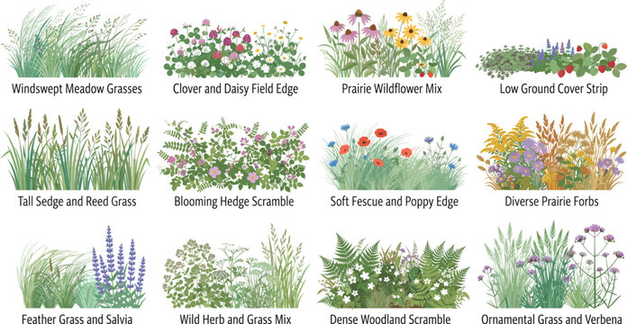 Diverse Plant and Grass Vector Illustrations Featuring Meadows, Wildflowers, Ground Covers, Prairie Forbs, and Ornamental Landscaping Elements