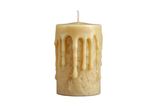 White pillar candle with wax dripping down its sides, still, new, creating warm light, transparent background