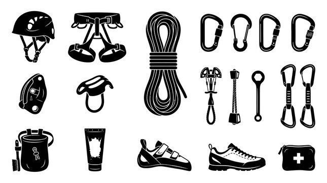 Climbing Gear Set Black and White Vector Icons