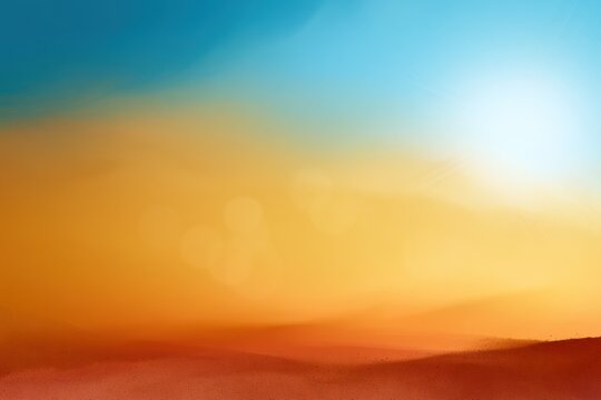 Warm desert sunset landscape with gradient sky from blue to golden orange, rolling red sand dunes under bright glowing sunlight