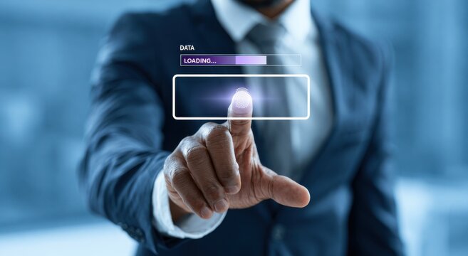 Businessman touching virtual fingerprint scanner with data loading bar, digital biometric security and identity verification concept