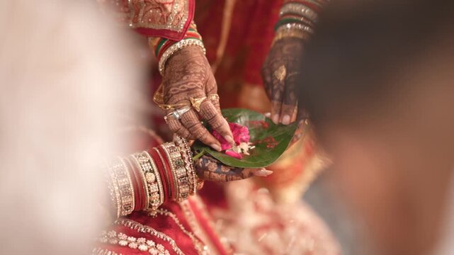 Close up of an Indian wedding ritual with bride holding a betel leaf, rose flower and rice grains in henna decorated hands