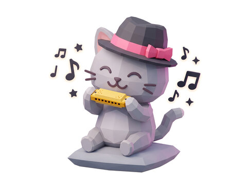Cute cartoon cat sitting wearing hat playing harmonica