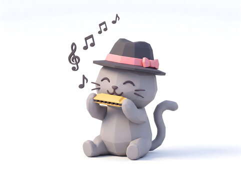 Cute 3D cartoon cat playing harmonica with music notes, musician