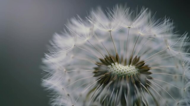Extreme macro of dandelion seed head showing delicate white pappus seeds on central receptacle, soft desaturated monochromatic tones, shallow depth of field, blurred background.