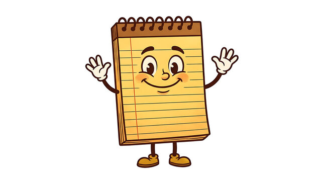 Cheerful office note pad cartoon character with open arms
