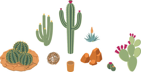 Isometric Desert Cactus and Flora Element Set with Saguaro Prickly Pear Agave Tumbleweed and Rocks for Wild West Game Environment Illustrations © Miss