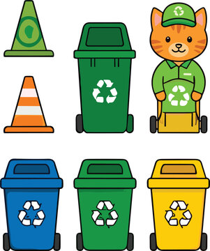 Colorful recycling bins set with cute cat sanitation worker character and safety cones for environmental waste management