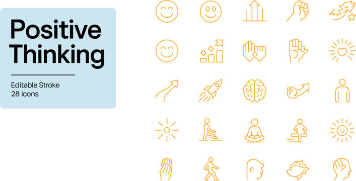 Set of positive thinking linear icons with editable stroke featuring mindset, mental health, motivation, and growth symbols collection.