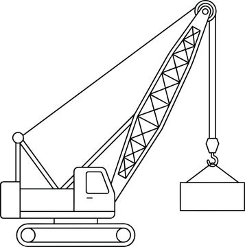 Construction crane coloring page for kids with crawler vehicle lifting a heavy load line art illustration