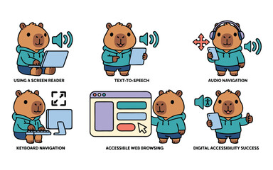 Fototapeta premium Cute Screen Reader Set with Kawaii Capybara Mascot, Text to Speech, Voice Navigation and Digital Accessibility, Isolated for Assistive Technology, Web Accessibility and Inclusive Design