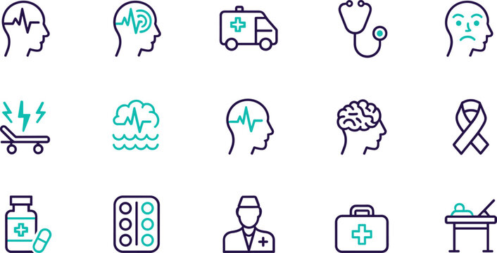 Set of linear vector icons featuring epilepsy awareness, medical treatment, neurology, patient care, and healthcare support symbols collection.
