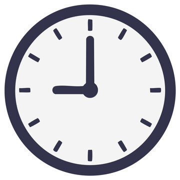 Analog clock face illustration showing the time nine o'clock, simple design
