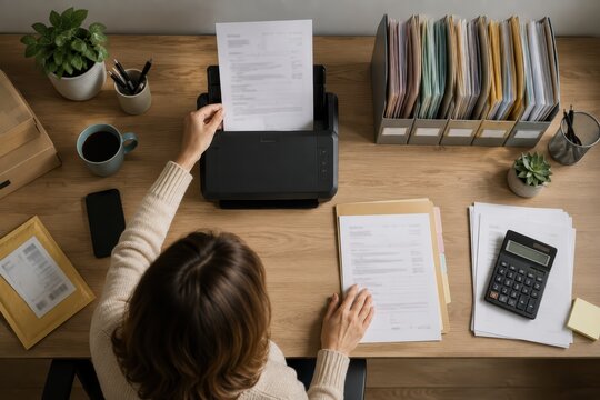 Overhead View of Organized Invoice Scanning Workspace