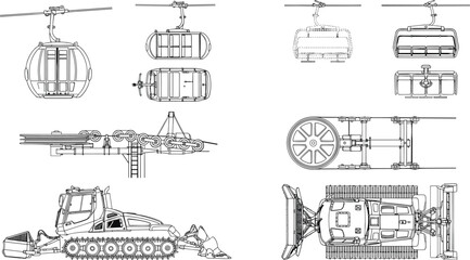 Blueprint illustrations of gondola chairlift mechanisms and snowcat groomer for mountain resort infrastructure design © Sreejoynaraon