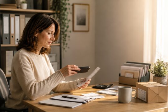 Woman Scanning Receipt With Smartphone in Small Business Office