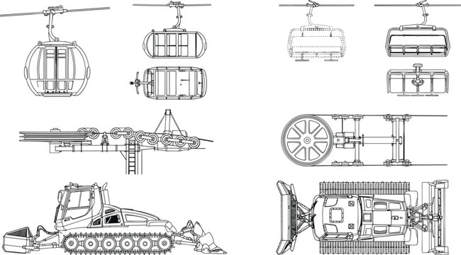 Blueprint illustrations of gondola chairlift mechanisms and snowcat groomer for mountain resort infrastructure design