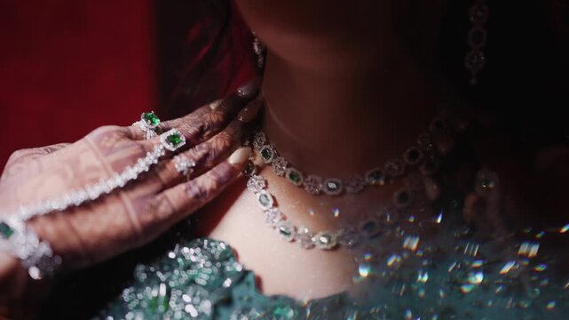 Close up of an Indian bride wearing elegant diamond and emerald necklace with matching rings and henna mehndi on hands