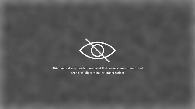 Sensitive content warning screen animation with blurred background. Viewer discretion advisory for video intros, broadcasts, streaming, and motion graphics.