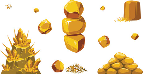 Gold Ore and Crystal Cluster Vector Set with Stacked Nuggets Golden Boulders Mine Sand Pile and Precious Mineral Stones for Game Interface Design © Miss