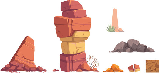 Desert Landscape Geology Elements Vector Set with Stacked Red Rocks Layered Formations Broken Slabs Agave Plants and Seamless Ground Texture Illustrations © Miss