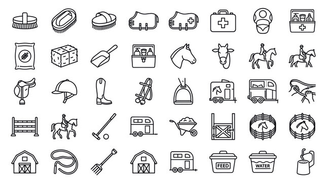 Comprehensive equestrian and horse riding equipment icon set.
