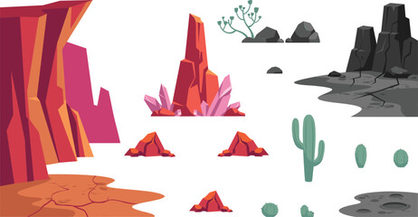 Desert Landscape Game Kit Elements Vector Set with Red Canyon Cliffs Cacti Rocks Pink Crystals and Dark Mountain Terrain Illustrations © Miss