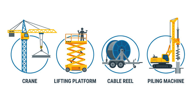 Heavy lifting and foundation equipment icons for construction.