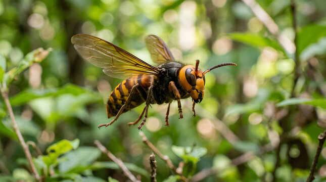 asian giant hornet flying on forest